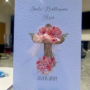 Handgemachte TAUFKARTE für ein Mädchen, handgemachte TAUFKARTE mit Kreuz, Taufkreuz mit Blumen, Mädchen Namenstag Karte, Taufkarte für Mädchen
