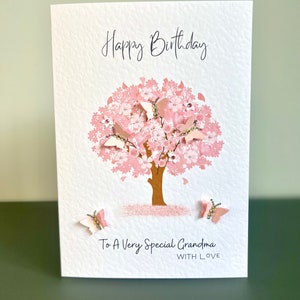 Cartão de aniversário da VOVÓ, Cartão de ANIVERSÁRIO da vovó com flor de cerejeira e borboleta 3D, pedras preciosas e pérolas, Cartão de aniversário da vovó com borboleta, Cartão da vovó