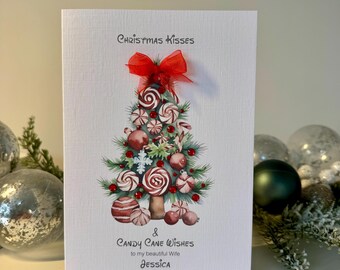 Personalised Wife Christmas Card, Handmade Christmas Tree Card, Candy Cane Christmas Card, named Christmas card, Wife card with gems & bow