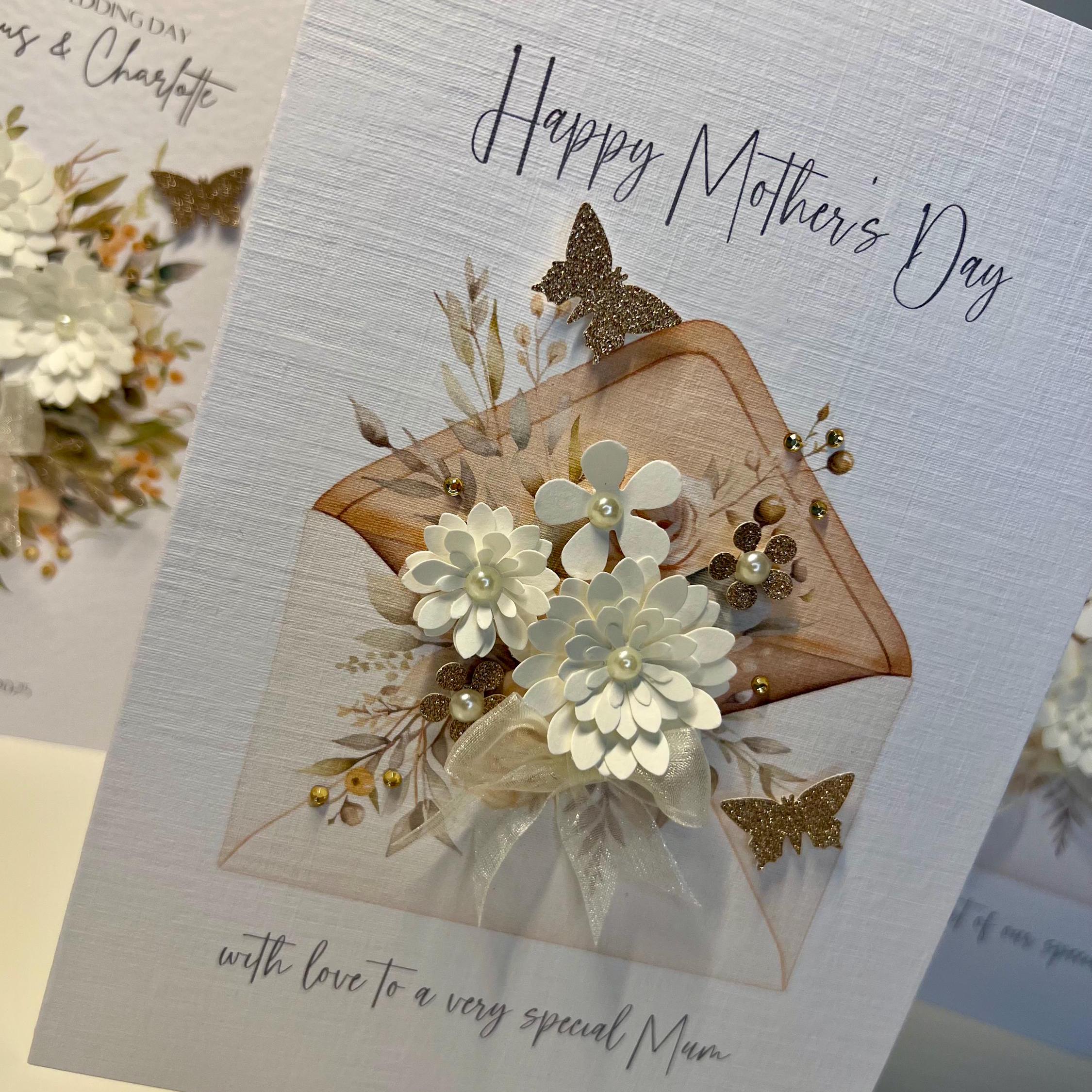 Mother&#39;s Day Card, Handmade with 3D Flowers, Gold Butterflies, pearls, gems & cream Organza ribbon. Special Mum Mother&#39;s Day Card, mum card