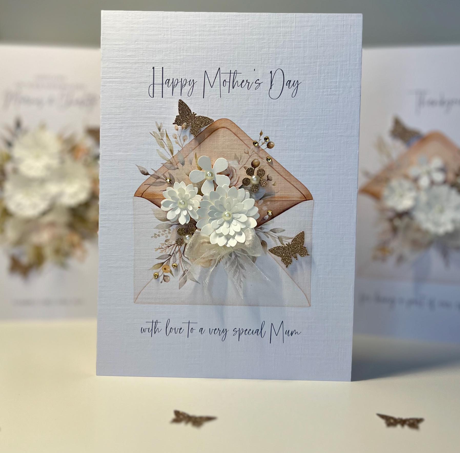 Mother&#39;s Day Card, Handmade with 3D Flowers, Gold Butterflies, pearls, gems & cream Organza ribbon. Special Mum Mother&#39;s Day Card, mum card