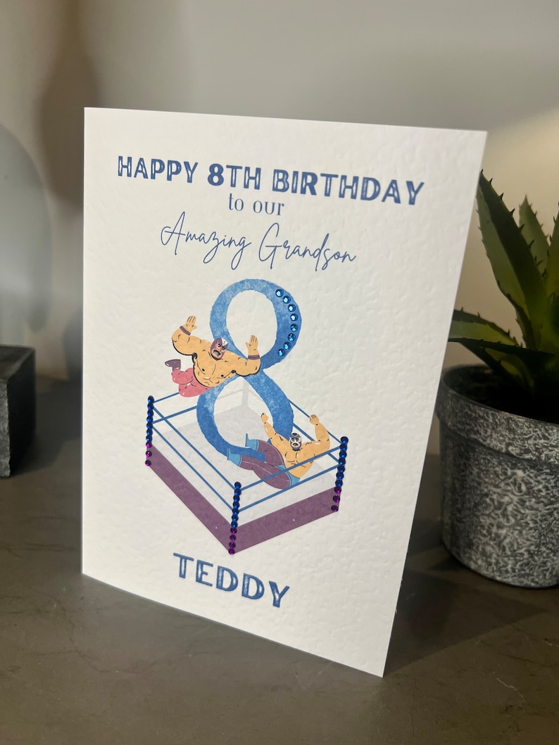 Personalised Grandson 8th Birthday Card, Grandson Wrestling Birthday