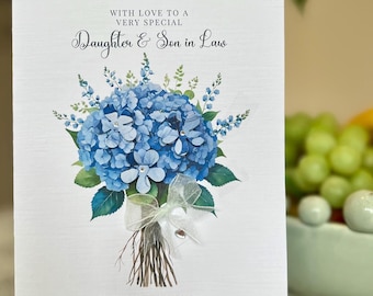 Personalised Daughter & Son-in-law Wedding Card, Bride and Groom Card, Luxury Wedding Card, Blue Hydrangea bouquet with 3d flowers, gift tag