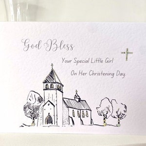 Carte de baptême faite main, carte de baptême dans une église traditionnelle pour une petite fille spéciale, carte de baptême avec pierres précieuses et croix, ajoutez le nom