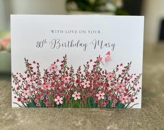 Friend 80th birthday card, 60th, 70th, 90th card. friend birthday card, handmade card, Personalised card, pretty pink flowers card, any age