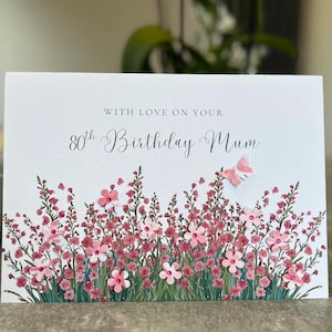 Biglietto di auguri per l'80° compleanno della mamma, biglietto per il 60°, 70°, 90° e 100° compleanno. Biglietto di auguri per la mamma, biglietto fatto a mano, biglietto per l'ottantesimo compleanno, grazioso biglietto con fiori rosa, per qualsiasi età.