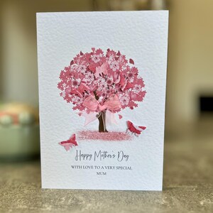 Biglietto di auguri per la festa della mamma, biglietto di auguri per la festa della mamma con ciliegio, farfalle e gemme 3D, mamma, mamma, mamma, mummia, biglietto di auguri per la festa della mamma di lusso 3D.