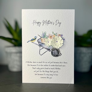 BIGLIETTO PER LA FESTA DELLA MAMMA, Biglietto speciale per la festa della mamma con fiori e gemme, Biglietto di lusso per la festa della mamma, Biglietto personalizzato con versi, La mamma ama il giardinaggio