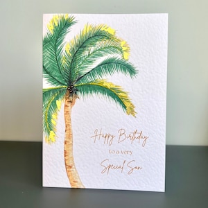 Tarjeta de cumpleaños de palmera para hijo con pan de oro y perlas marrones, hecha a mano, tarjeta de lujo para un feliz cumpleaños, tarjeta de palmera.