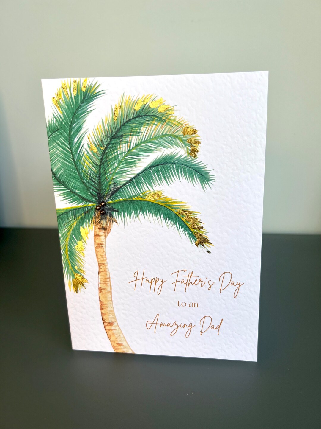 Handmade Father's Day Palm Tree Card With Gold Leaf & Brown Pearls