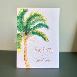Carte d'anniversaire palmier avec ruban de feuille d'or et perles, carte d'anniversaire faite main soeur, carte soeur joyeux anniversaire, carte palmier