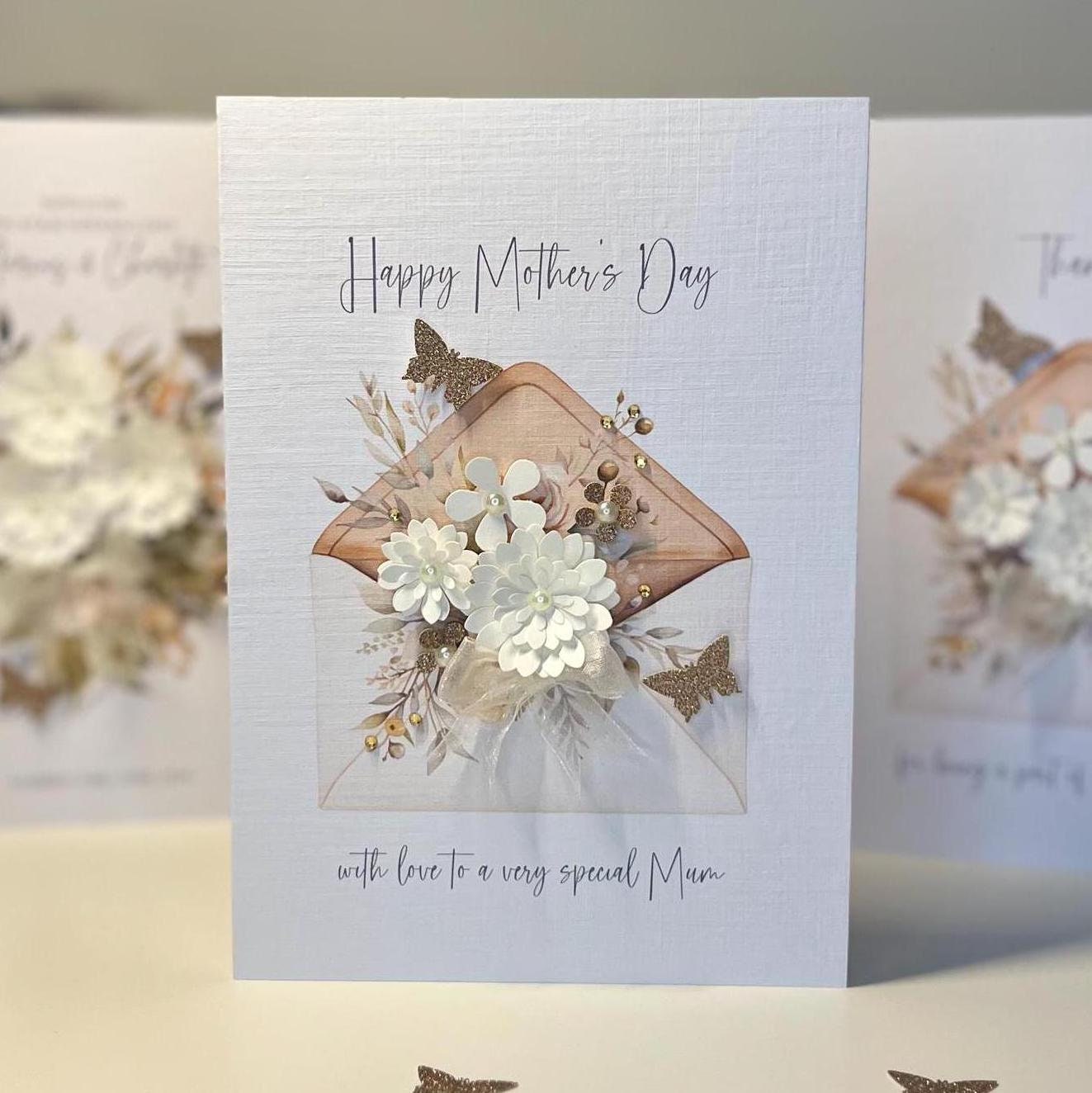 Mother&#39;s Day Card, Handmade with 3D Flowers, Gold Butterflies, pearls, gems & cream Organza ribbon. Special Mum Mother&#39;s Day Card, mum card