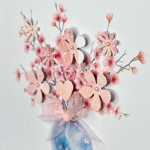 Un bellissimo biglietto per la festa della mamma, biglietto fatto a mano per la festa della mamma, fiori di ciliegio, biglietto speciale per la mamma, fiori rosa con fiori 3D e nastro
