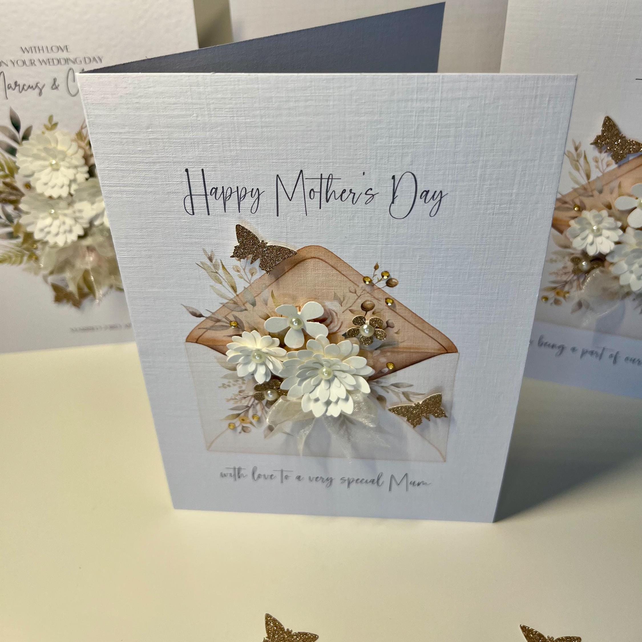 Mother&#39;s Day Card, Handmade with 3D Flowers, Gold Butterflies, pearls, gems & cream Organza ribbon. Special Mum Mother&#39;s Day Card, mum card