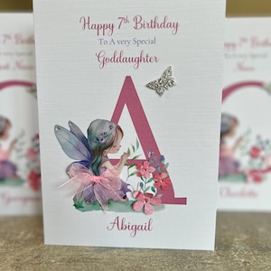 Tarjeta de séptimo cumpleaños de ahijada, tarjeta de cumpleaños para cualquier edad, tarjeta de séptimo cumpleaños de hada, tarjeta de cumpleaños decorada a mano, cualquier carta, cualquier relación,