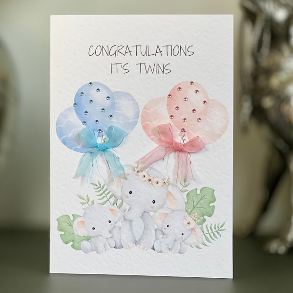 Handmade Congratulations It's Twins Card, New Baby Twins Card, Mummy with Baby Twin Elephants Card, Boy Girl Twins, Boy Boy, Girl Girl Twins