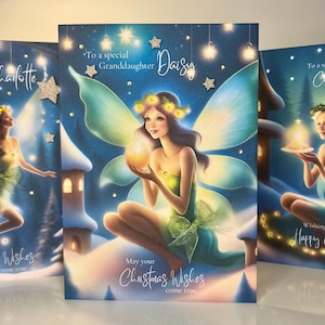 TARJETA DE NAVIDAD personalizada para nieta, tarjeta de hada navideña, decorada a mano con estrellas y gemas en 3D, tarjeta de Navidad para nieta, tarjeta con nombre