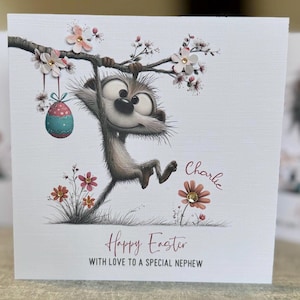 Fun Nephew Personalised Easter Card. Handmade Easter card with 3d flowers and gems. Luxury named card, Easter card for any relation/friend