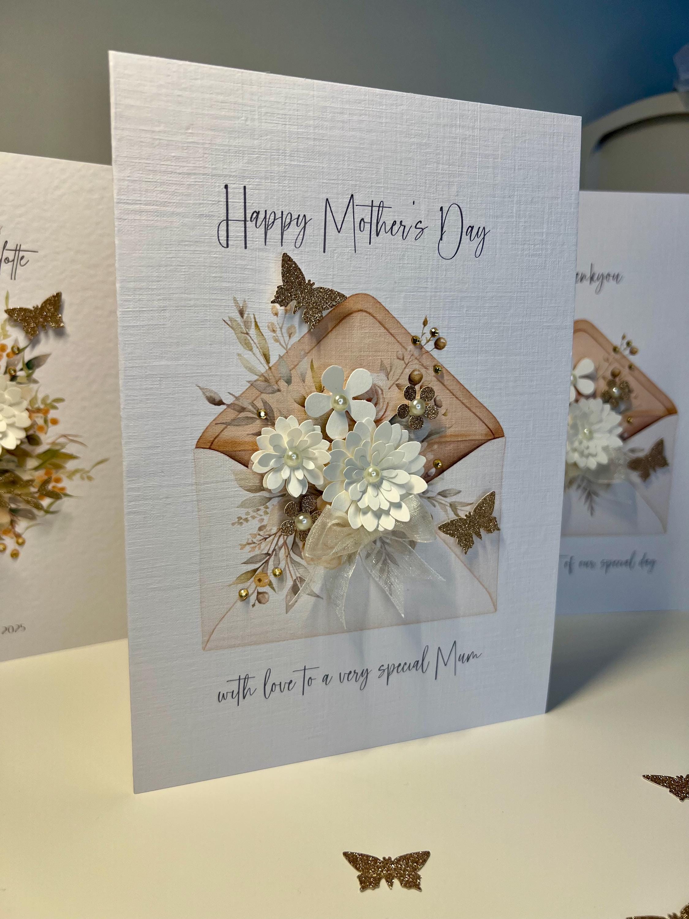 Mother&#39;s Day Card, Handmade with 3D Flowers, Gold Butterflies, pearls, gems & cream Organza ribbon. Special Mum Mother&#39;s Day Card, mum card