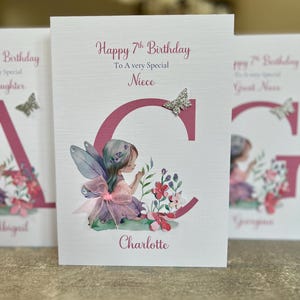 Tarjeta de 7.º cumpleaños para sobrina, para cualquier edad, de hada, decorada a mano, para cualquier carta, para cualquier relación. Bonita tarjeta.