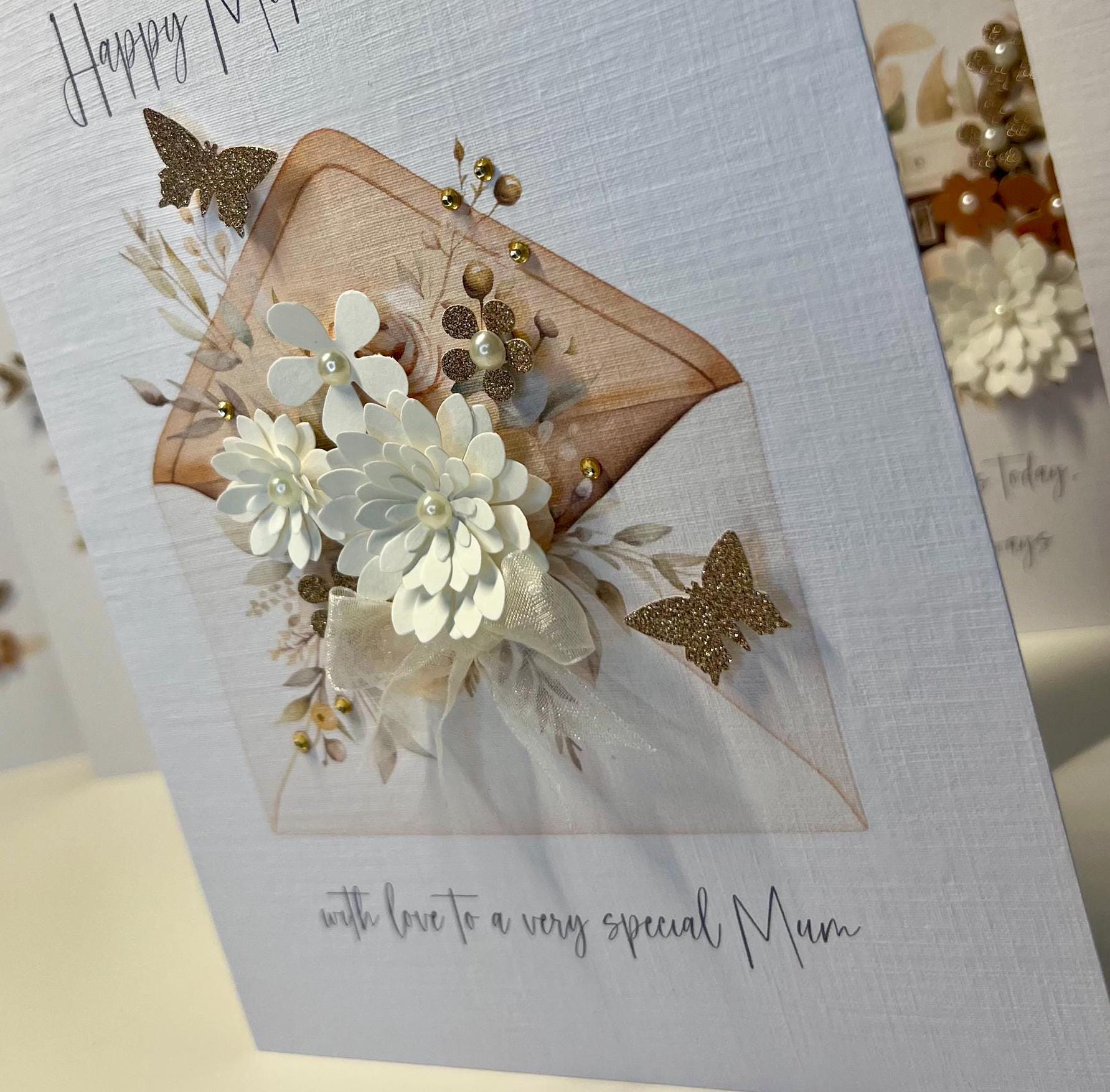 Mother&#39;s Day Card, Handmade with 3D Flowers, Gold Butterflies, pearls, gems & cream Organza ribbon. Special Mum Mother&#39;s Day Card, mum card