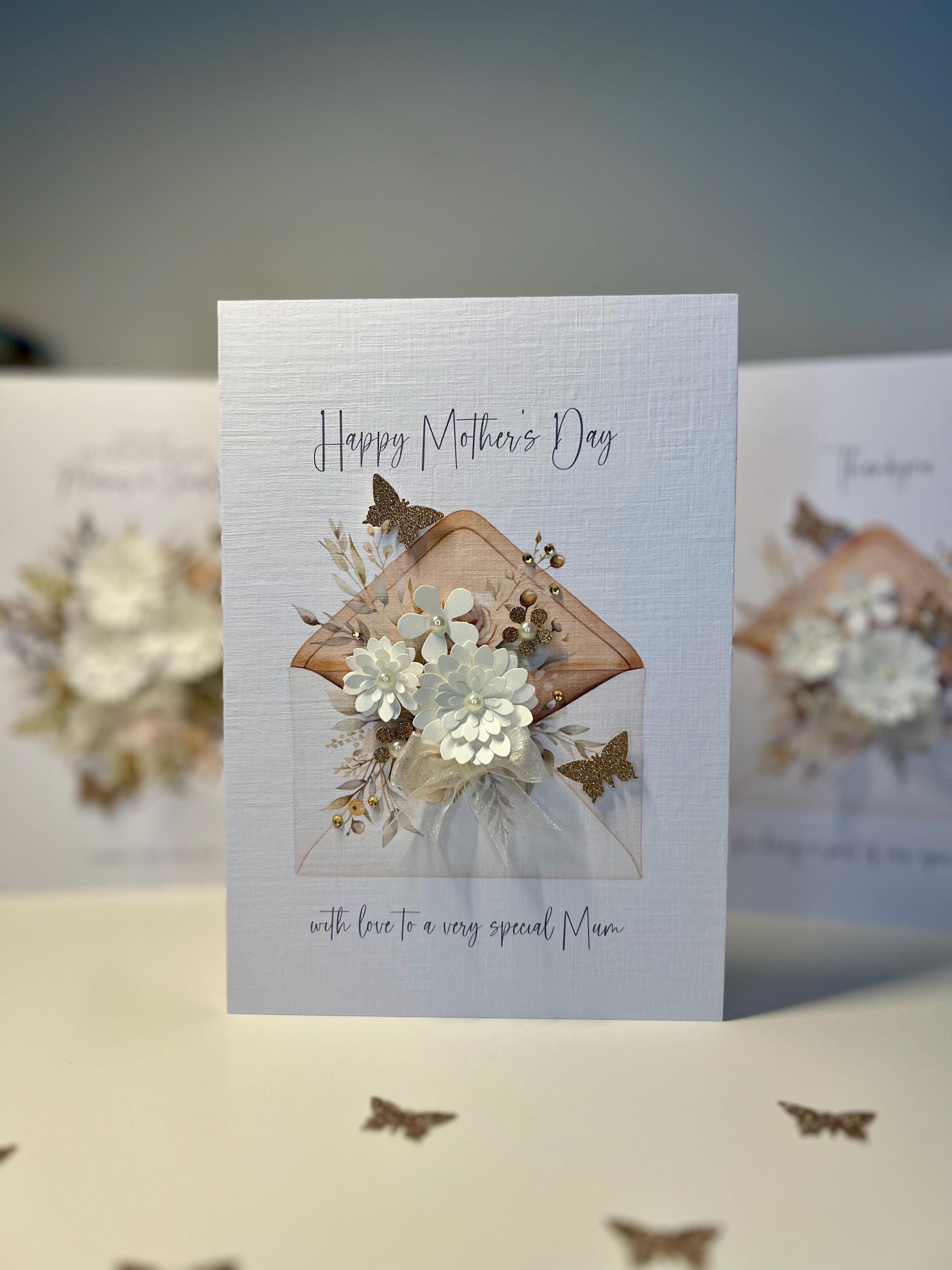 Mother&#39;s Day Card, Handmade with 3D Flowers, Gold Butterflies, pearls, gems & cream Organza ribbon. Special Mum Mother&#39;s Day Card, mum card