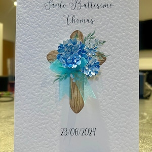 CARTÃO DE BATIZADO feito à mão para menino, Cartão de BATIZADO feito à mão com cruz, Cruz de batismo com flores, Cartão para o dia do nome do menino, Cartão de batismo para menino