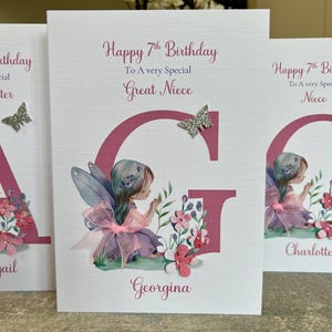 Tarjeta de séptimo cumpleaños para sobrina nieta, tarjeta de cumpleaños para cualquier edad, tarjeta de séptimo cumpleaños de hada, tarjeta de cumpleaños decorada a mano, cualquier carta, cualquier relación