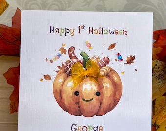 Personalised First Halloween Card, 1st Halloween, Any age Halloween Card, 6x6 cute Pumpkin card, hand decorated with gems & resin sweets