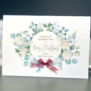 Carte de Noël d'épouse, carte de joyeux Noël pour femme merveilleuse avec ruban d'organza de fleurs 3D et perles, carte de guirlande de Noël pour femme, carte de Noël