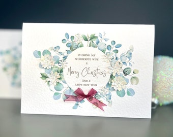 WIFE CHRISTMAS Card, Merry Christmas Wonderful Wife Card With 3D Flowers Organza Ribbon & Pearls, Christmas Wreath Card for Wife, Xmas Card