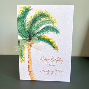 Palm Tree Mum Geburtstagskarte mit Blattgoldband und Perlen, handgemachte Geburtstagskarte Mama, Luxus Happy Birthday Mama Karte, Palme Karte