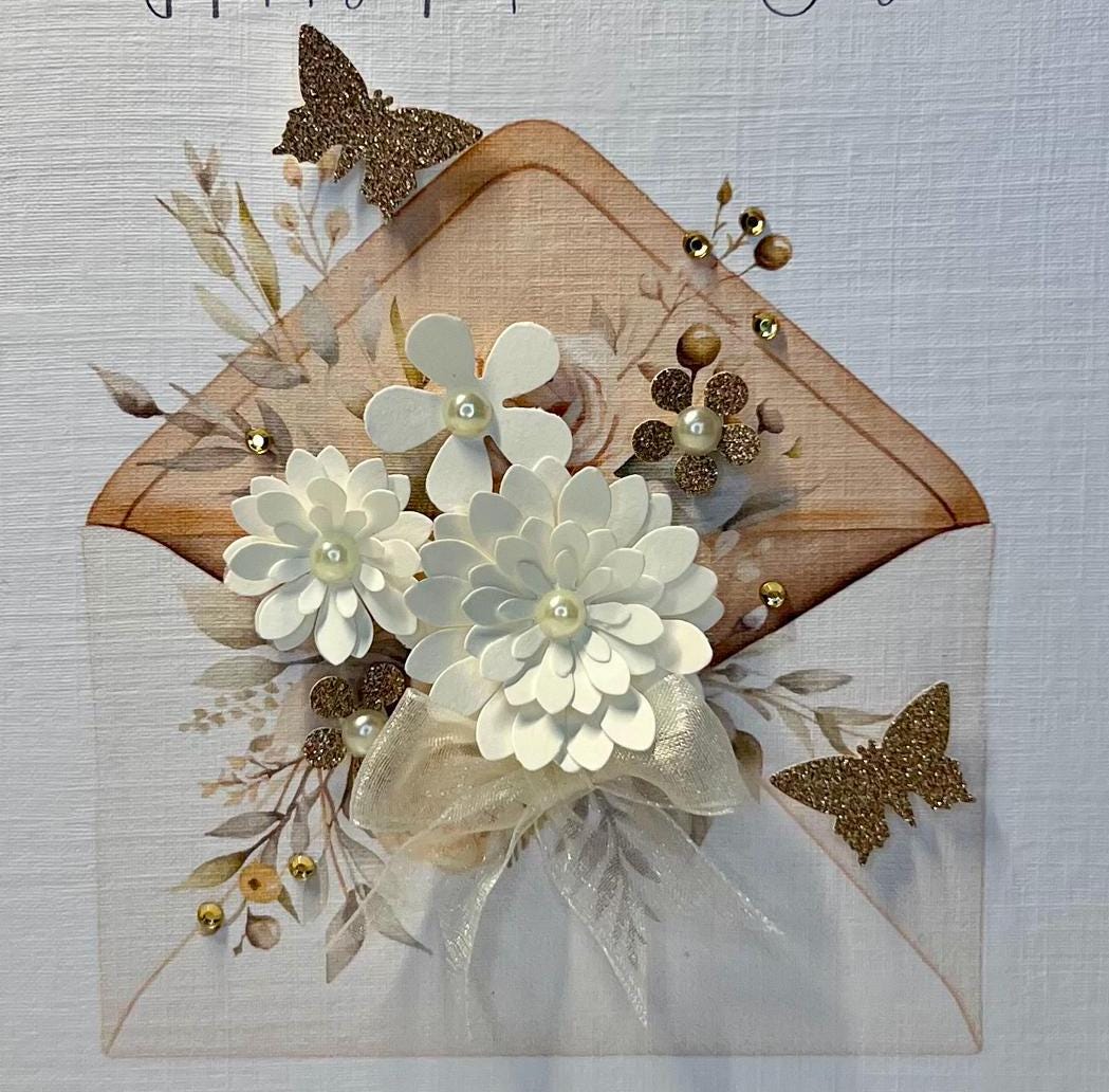 Mother&#39;s Day Card, Handmade with 3D Flowers, Gold Butterflies, pearls, gems & cream Organza ribbon. Special Mum Mother&#39;s Day Card, mum card