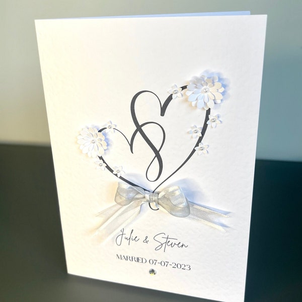 Handmade Personalised Wedding Card, Love Heart Wedding Card White 3D Flowers Pearls & Ribbon, Luxury Named Wedding Card, Simple Wedding Card