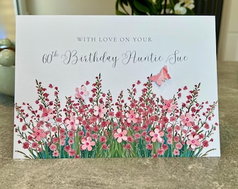 Personalised birthday card, 60th, 70th card. Auntie birthday card, handmade card, Personalised card, pretty pink flowers card, any age, name