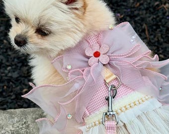 Pink Dog Harness Dress with Leash | Butterfly Bowtie, Spring Edition
