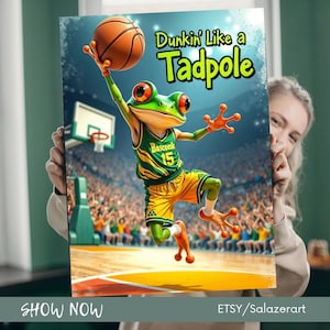 Divertente poster di basket con rana – "Dunkin' Like a Prince" – Decorazione murale con animali sportivi, decorazione per la cameretta dei ragazzi, regalo per gli amanti del basket