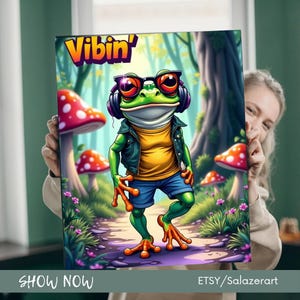 Cool Frog Poster - Vibin' Frog Wall Art - Funny Frog Illustration - Cute Amphibian Decor - Watercolor Frog Print for Bedroom or Office