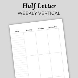 Meia carta semanalmente vertical (sem data), meia carta para impressão, inserções de planejador de meia carta para impressão, meia carta para impressão diária