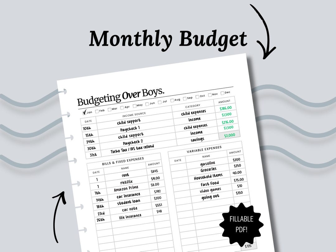 Monthly Budget Fillable PDF Template - Etsy