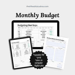 Può includere: Un modello di pianificatore di budget mensile digitale visualizzato su un monitor di computer e sullo schermo di un tablet, insieme a una pagina stampata. I documenti presentano tabelle per entrate, uscite e risparmi, con testo che include Monthly Budget, Budgeting Over Boys e My Bare Minium Survival Budget.