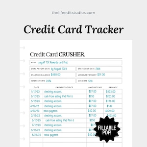 Può includere: Un modello digitale di tracciamento della carta di credito intitolato Credit Card CRUSHER con campi per nome, data obiettivo di rimborso, data dell'estratto conto, saldo iniziale, pagamento minimo, tasso di interesse e data di scadenza.