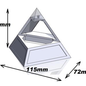 May include: A 3D-rendered pyramid-shaped object with a transparent top and a rectangular base. The object is 115mm long, 72mm wide, and 80mm tall (4.5 inches long, 2.8 inches wide, and 3.1 inches tall). The design features a hollow interior and a geometric aesthetic.