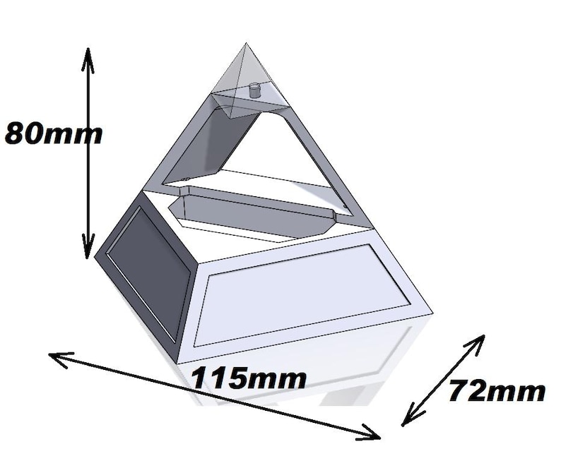May include: A 3D-rendered pyramid-shaped object with a transparent top and a rectangular base. The object is 115mm long, 72mm wide, and 80mm tall (4.5 inches long, 2.8 inches wide, and 3.1 inches tall). The design features a hollow interior and a geometric aesthetic.