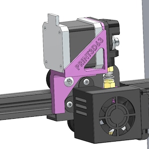 May include: A 3D printed purple bracket with the text "PRINT3D63" attached to a black and silver 3D printer motor. The motor is connected to a black fan.