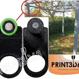 Könnte beinhalten: Zwei schwarze 3D-gedruckte Teile mit einem grünen Ring auf einem. Die Teile haben ein rundes Loch in der Mitte und eine kleine Schraube oben. Der Text "PRINT3D63" ist auf orangefarbenem Hintergrund gedruckt.