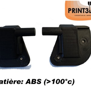 May include: Two black plastic parts with a small rectangular protrusion on each side. The parts are designed to be joined together. The text "Matière: ABS (>100°c)" is printed below the parts.