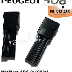 May include: Two black, rectangular automotive parts with a textured surface are shown against a white background. The parts are labeled with the text "PRINT3D63" and "PEUGEOT 508". The material is ABS, rated for temperatures over 100°C.