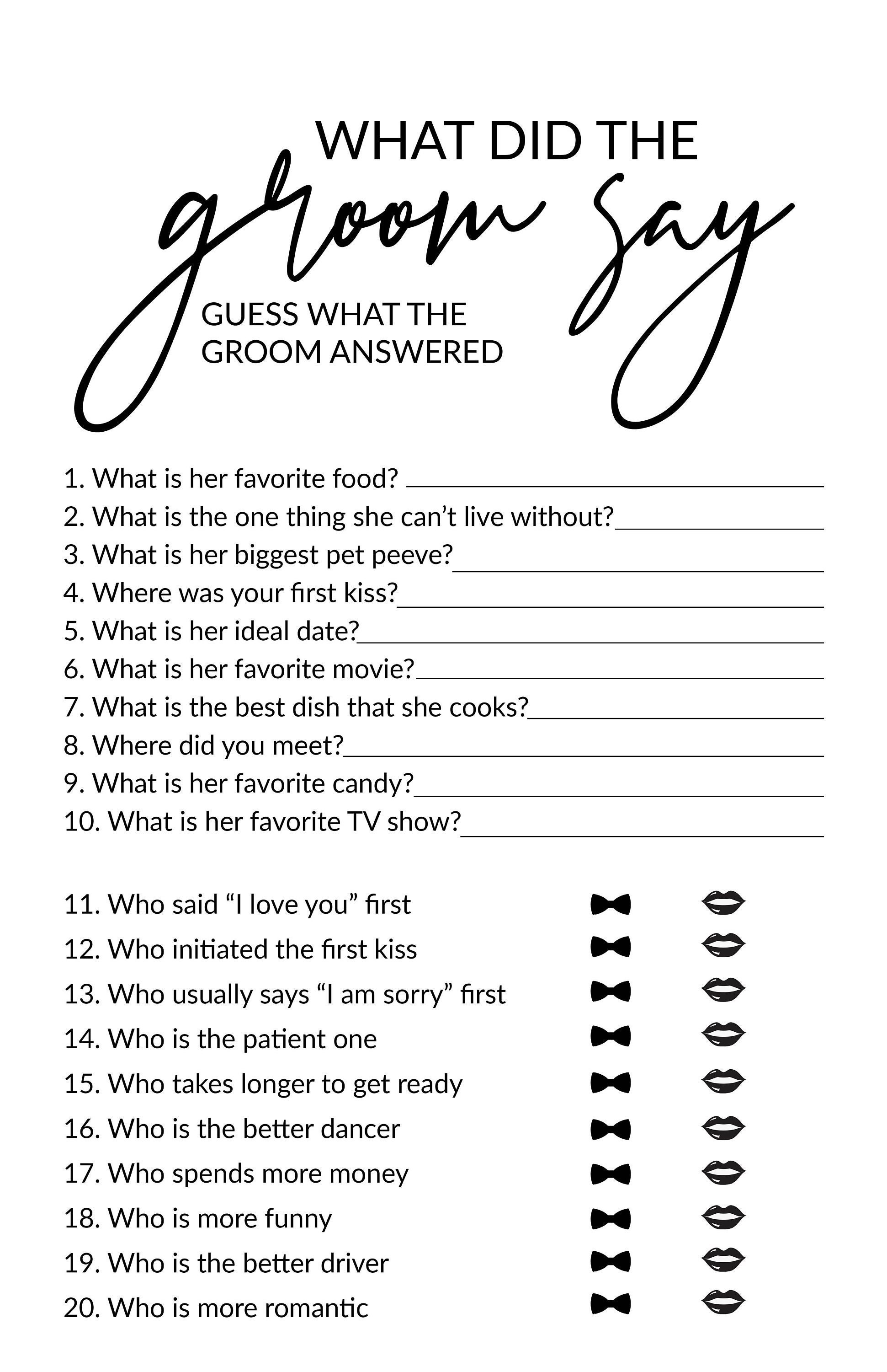 Bridal Shower Game What Did the Groom Say Etsy