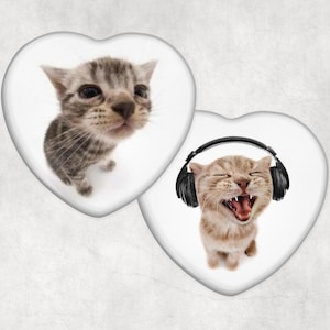 Silly Cats Heart Shaped Pinback Buttons – Cute Cat Lover Gift – Funny Kitty Badge – Aesthetic Cat Button for Backpacks & Jackets